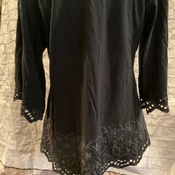 “BCBG” Black Embroidered and Open Work  3/4 Wide Sleeves Peasant Style Top. - Picture 5 of 15
